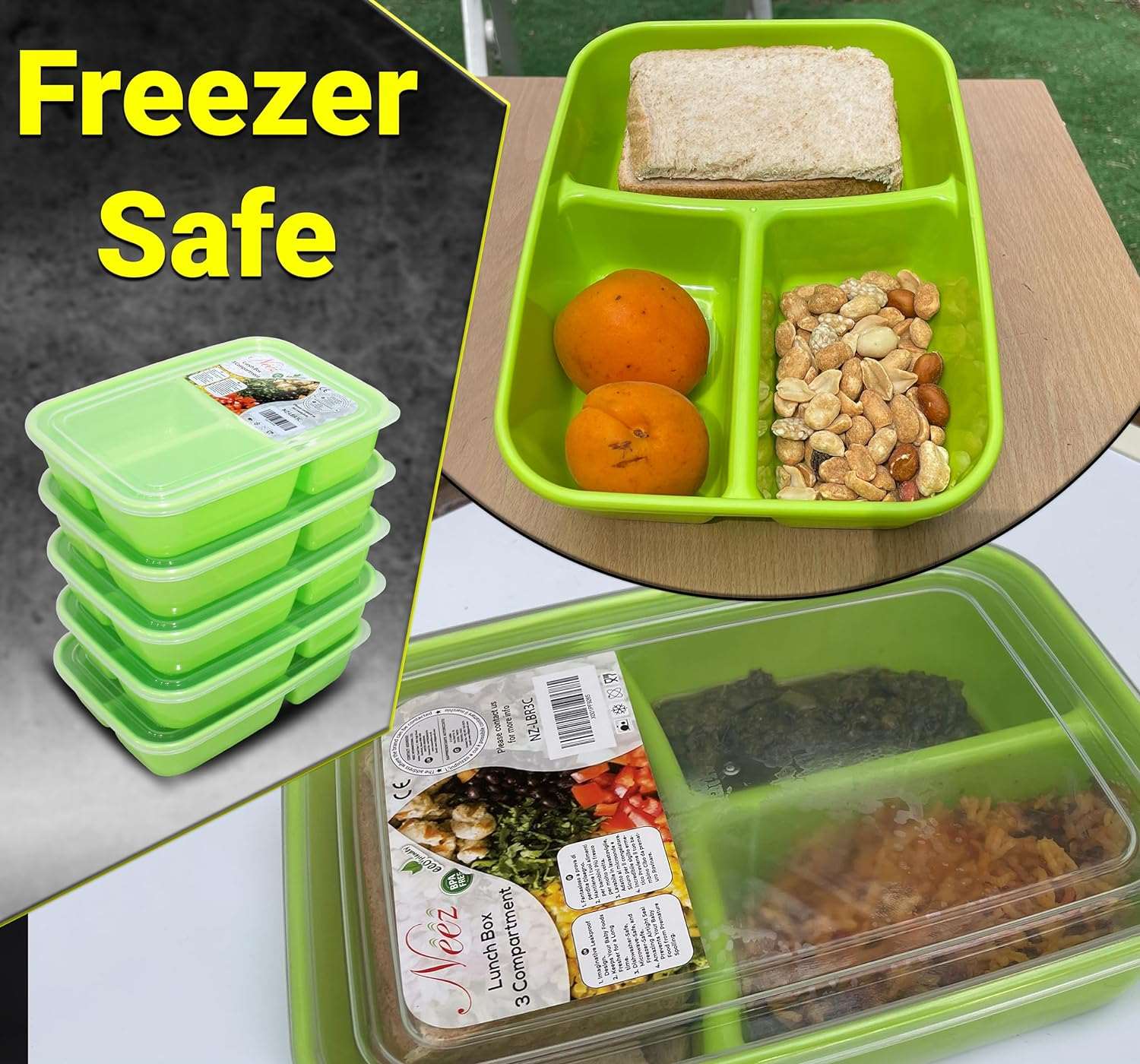 3 Compartments Lunch Box- Bento Box, Plastic Food Storage with Lids, Spoon