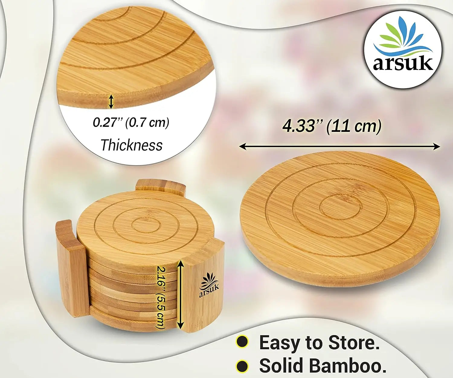 Coasters Set of 6 Bamboo Drink Coaster Set with Holder Heat Resistant (Round)