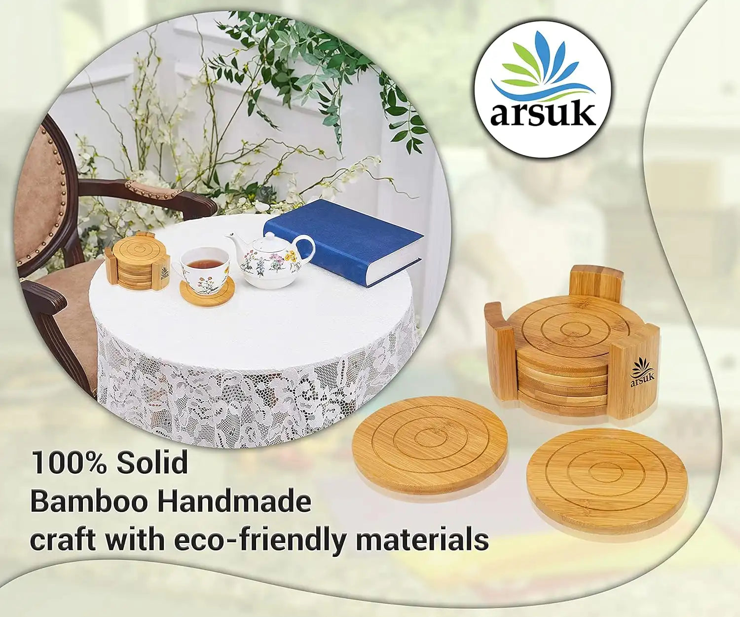 Coasters Set of 6 Bamboo Drink Coaster Set with Holder Heat Resistant (Round)