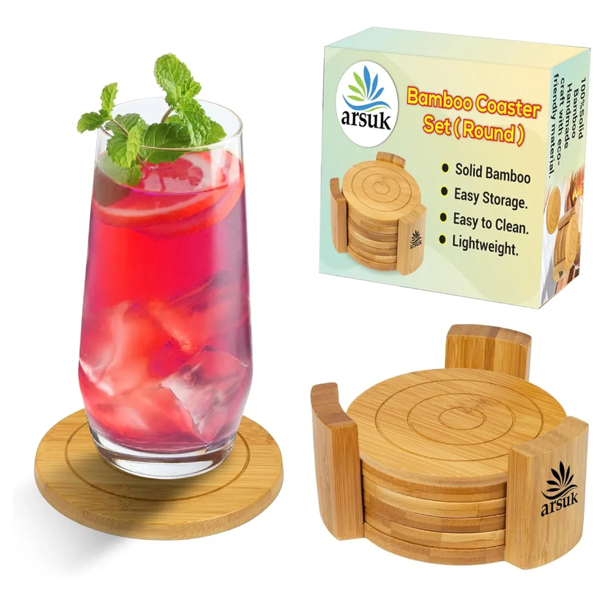 Coasters Set of 6 Bamboo Drink Coaster Set with Holder Heat Resistant (Round)