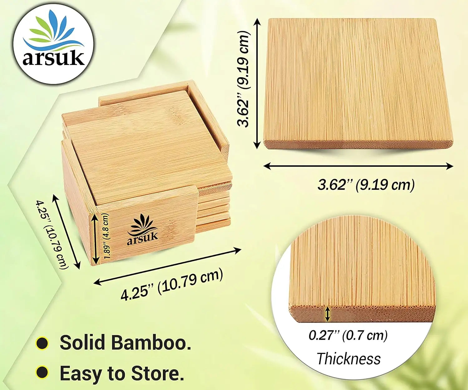 Coasters Set of 6 Bamboo Drink Coaster Set with Holder Heat Resistant (Square)