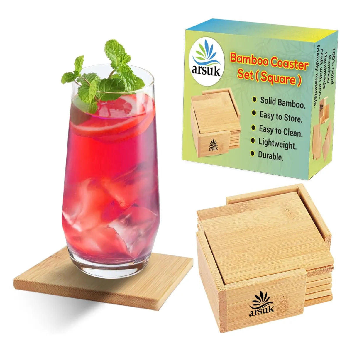 Coasters Set of 6 Bamboo Drink Coaster Set with Holder Heat Resistant (Square)