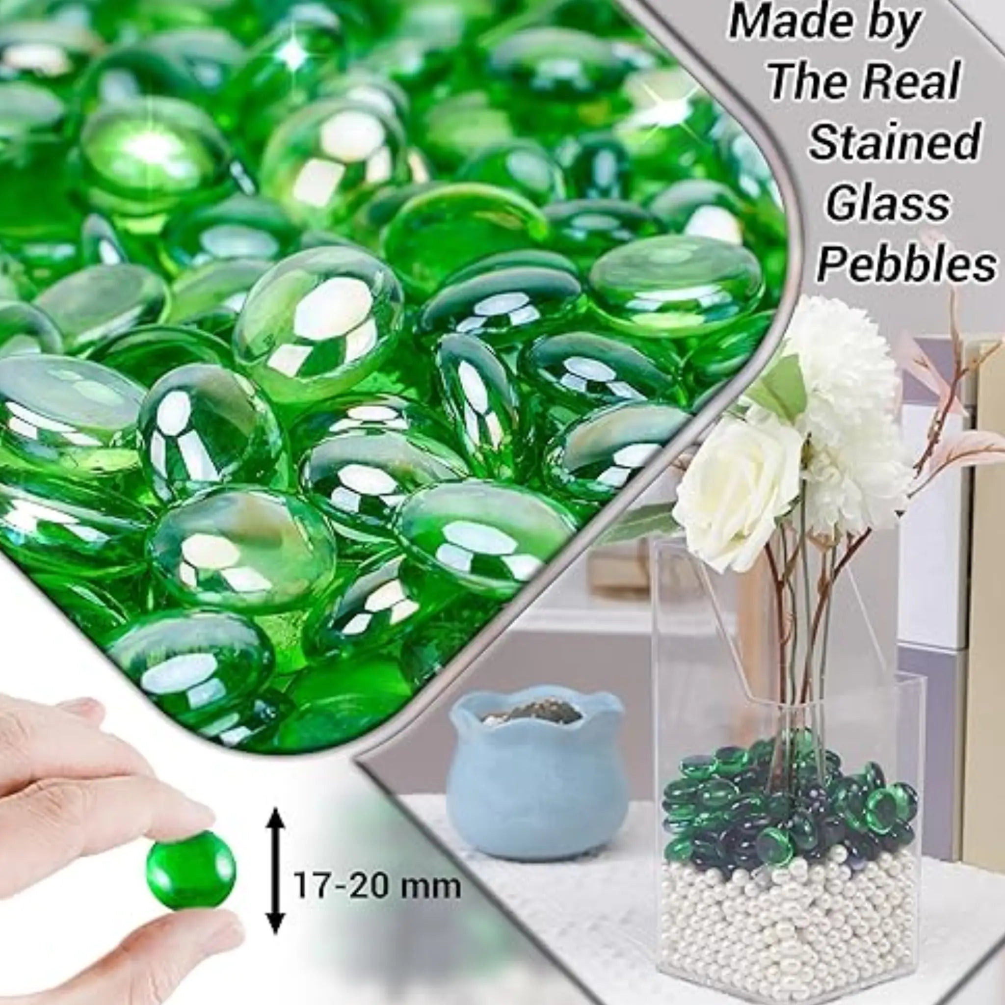 Decorative Glass Pebbles Stones Beads Rounded Gems, Vase Filler, Artificial Crystal Gemstones (Green Pebbles)