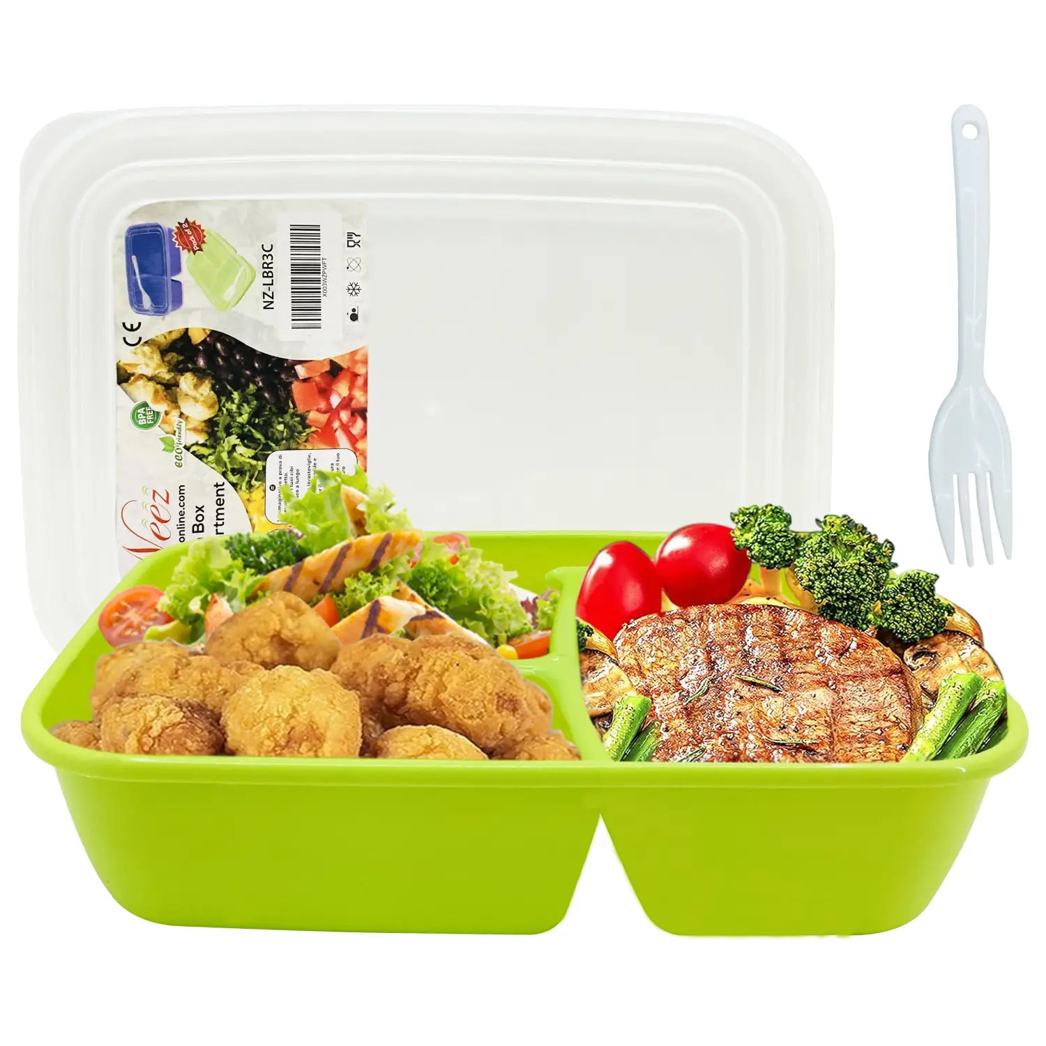 3 Compartments Lunch Box- Bento Box, Plastic Food Storage with Lids, Spoon