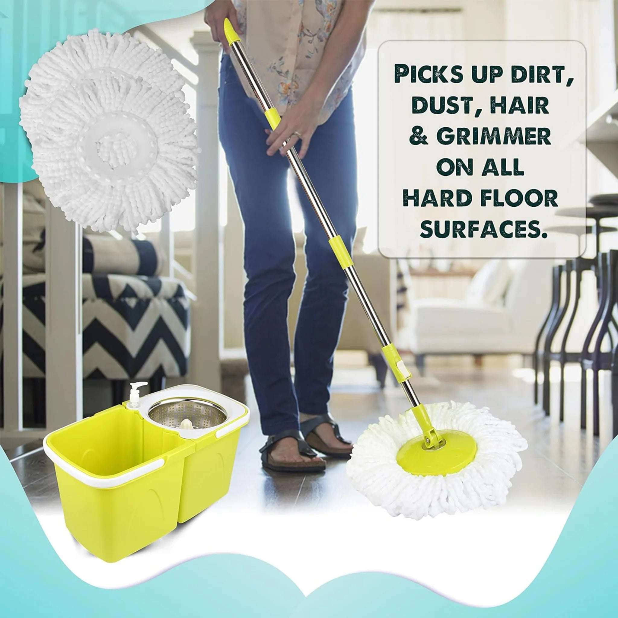 Spin Mop and Bucket Sets - 2 Separate Stackable Buckets with 2 Microfiber Heads Replacement & Handle