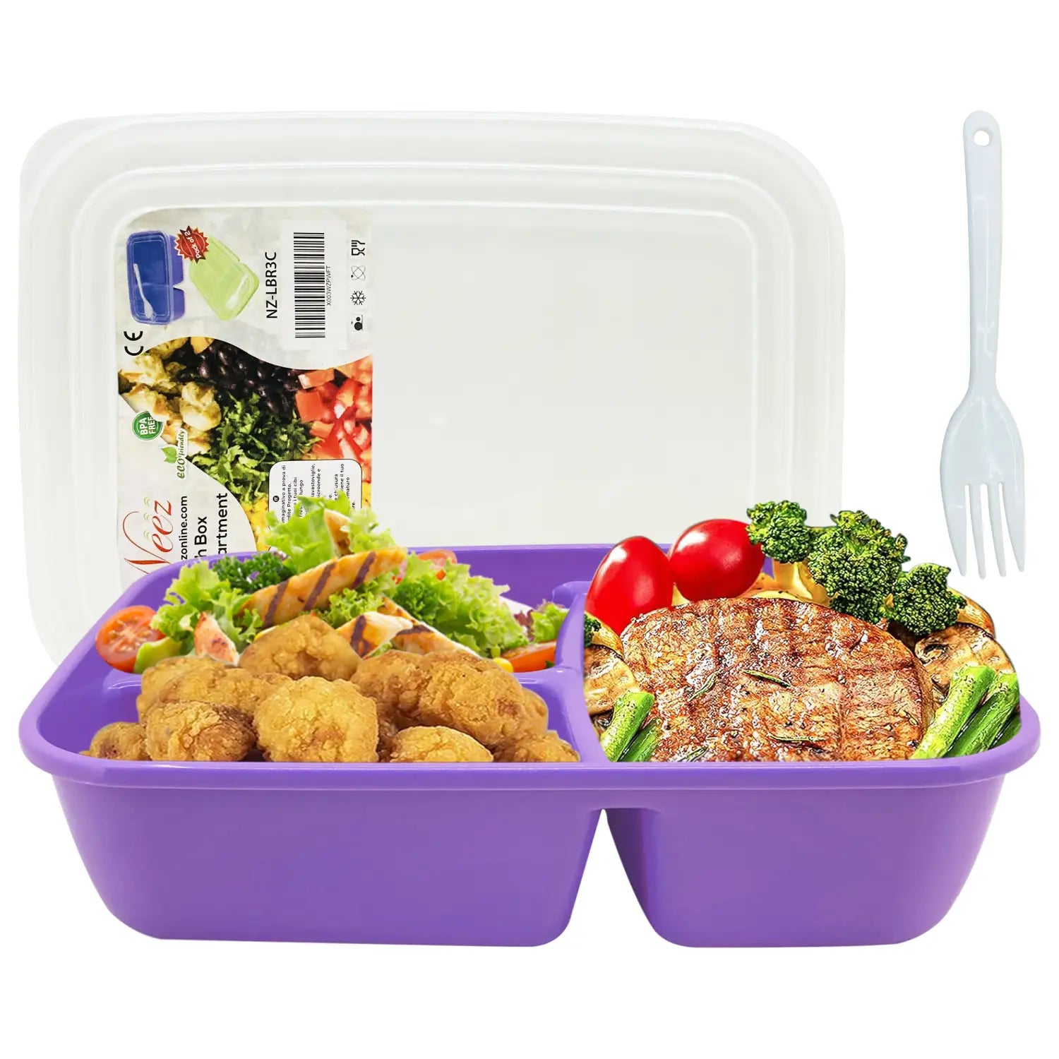 3 Compartments Lunch Box- Bento Box, Plastic Food Storage with Lids, Spoon