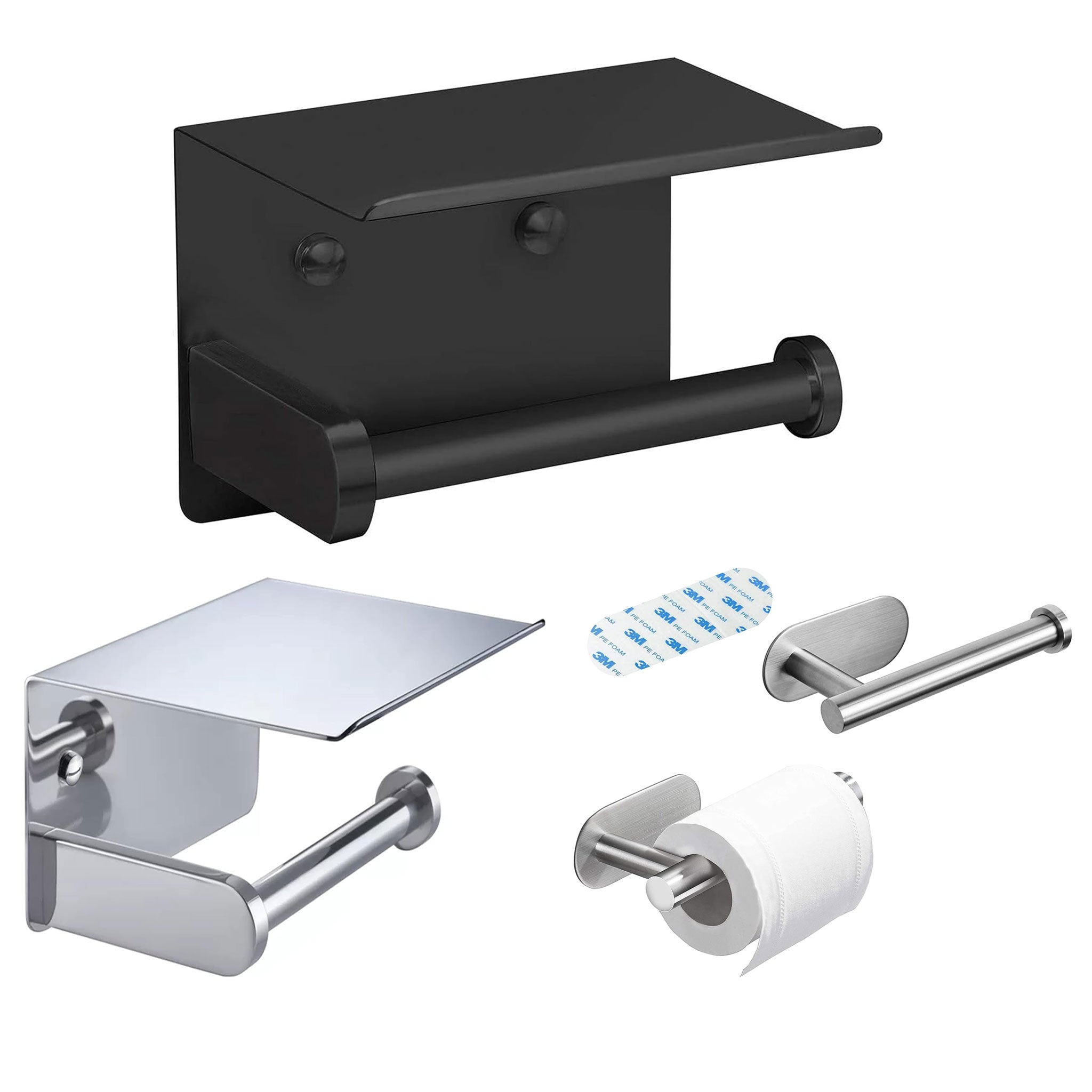 Modern Toilet Roll Holder with Shelf – Wall Mounted, Self Adhesive, Stainless Steel Storage