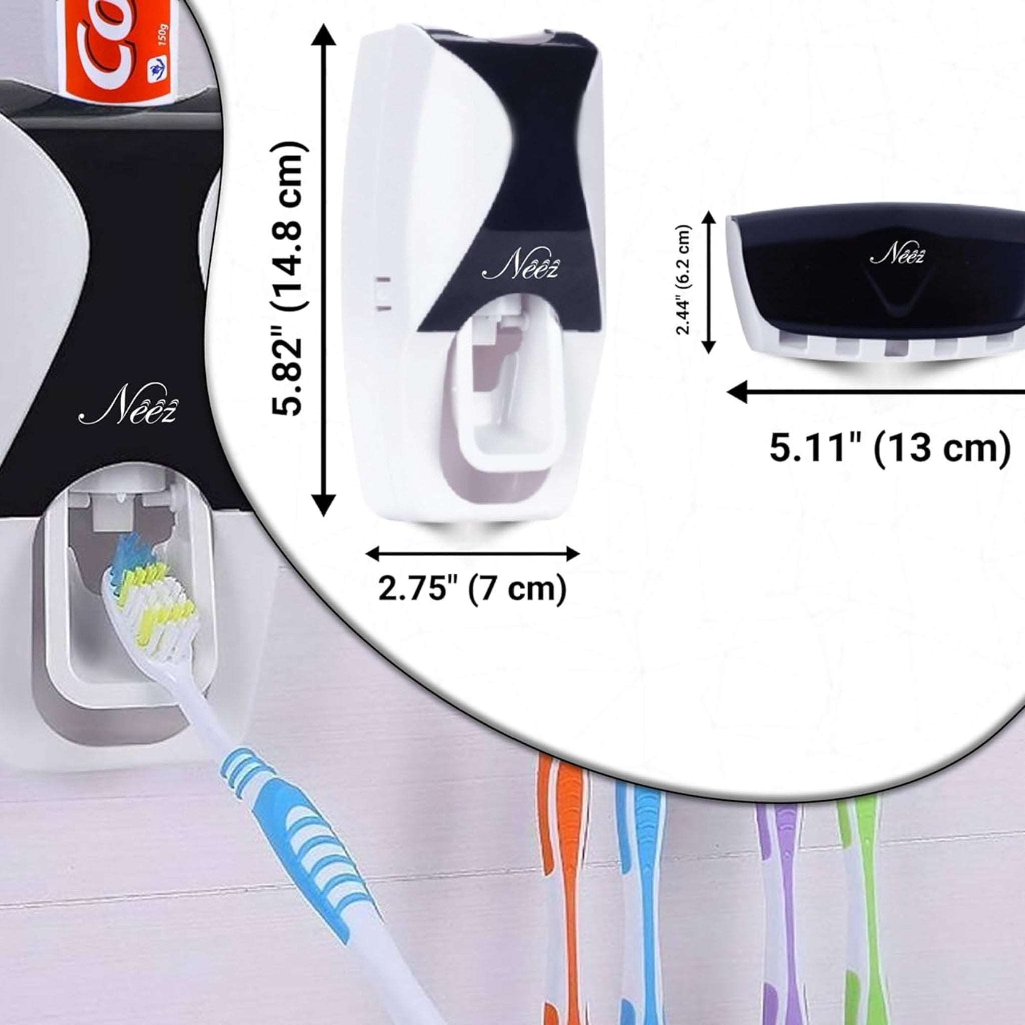 Toothbrush Holder - 5 Tooth Brush Head Holders With Cover - 1 Automatic Toothpaste Dispenser Storage - Wall Mounted Self Adhesive