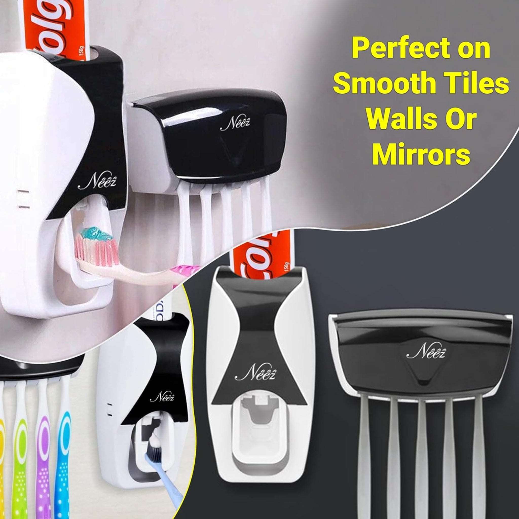 Toothbrush Holder - 5 Tooth Brush Head Holders With Cover - 1 Automatic Toothpaste Dispenser Storage - Wall Mounted Self Adhesive