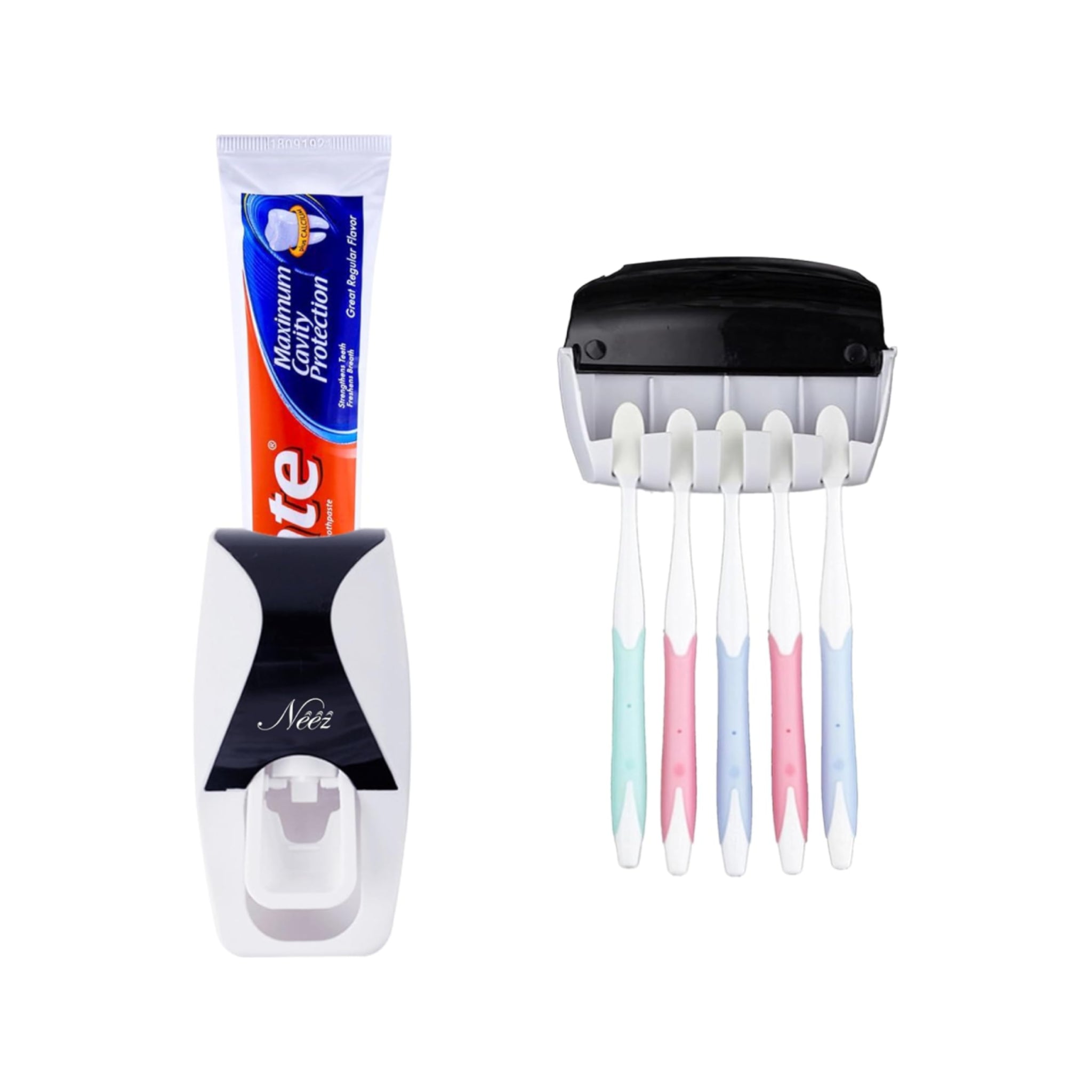 Toothbrush Holder - 5 Tooth Brush Head Holders With Cover - 1 Automatic Toothpaste Dispenser Storage - Wall Mounted Self Adhesive