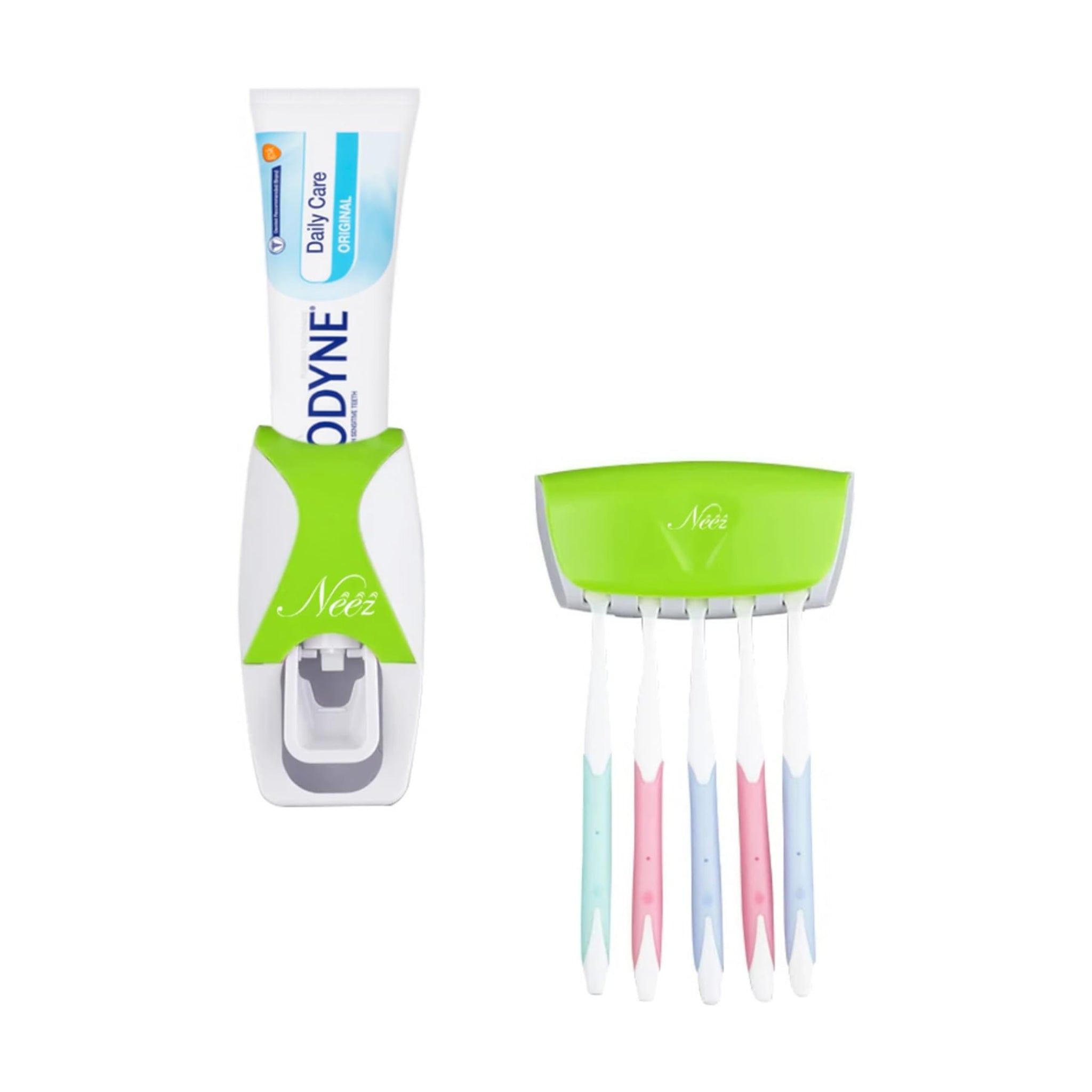 Toothbrush Holder - 5 Tooth Brush Head Holders With Cover - 1 Automatic Toothpaste Dispenser Storage - Wall Mounted Self Adhesive