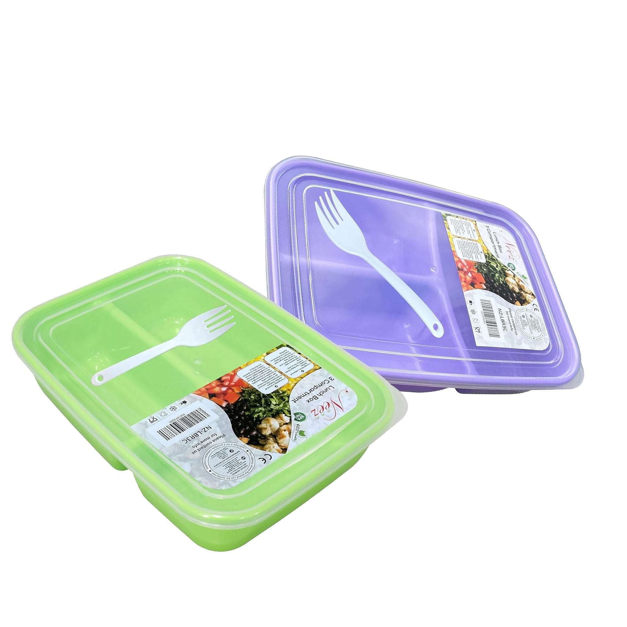 3 Compartments Lunch Box- Bento Box, Plastic Food Storage with Lids, Spoon