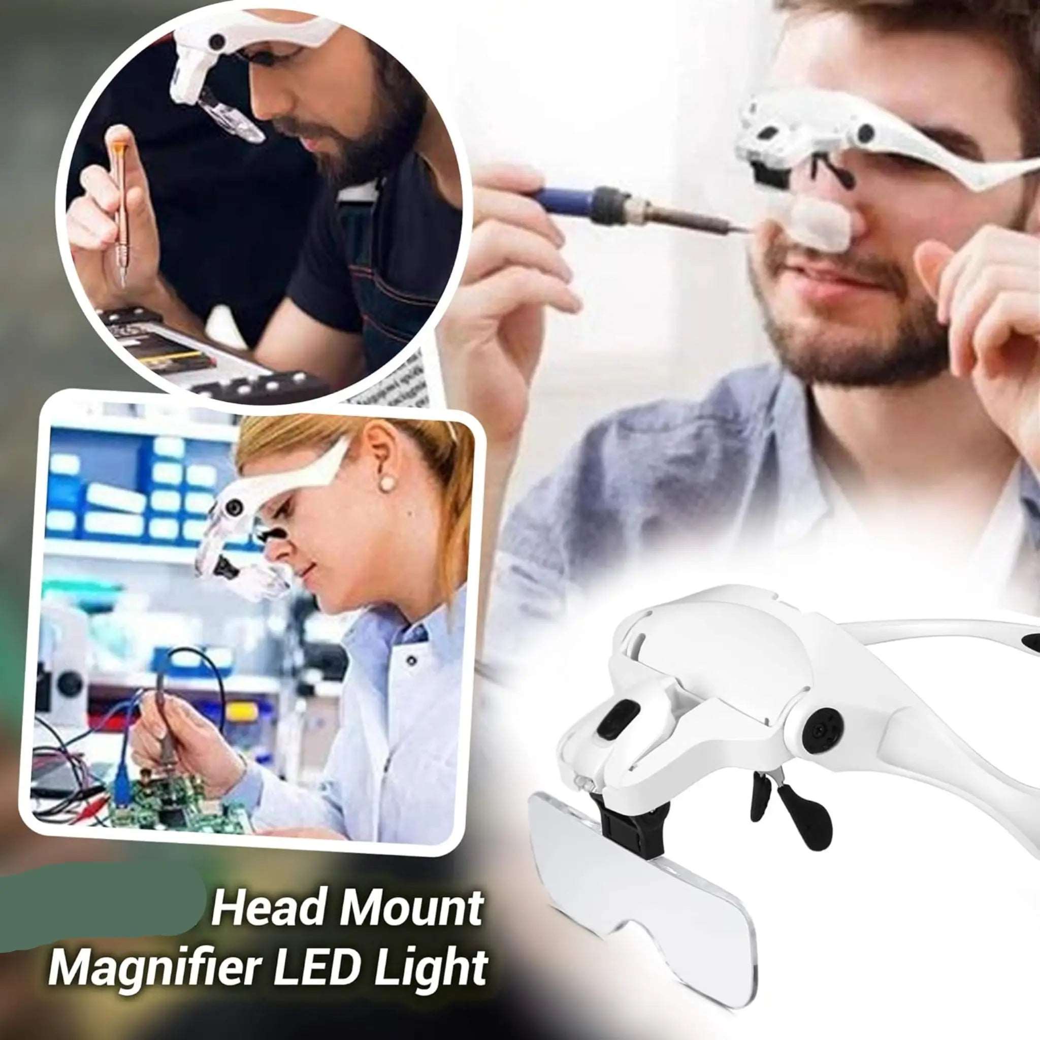 Headband Large Hands-Free Magnifying Glass with 2 LED Light, 5 Detachable Lens