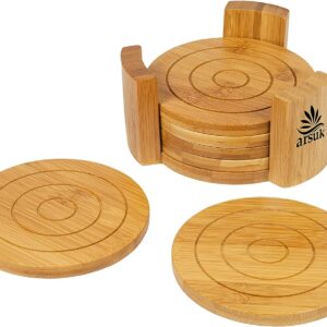 Coasters Set of 6 Bamboo Drink Coaster Set with Holder (Round)