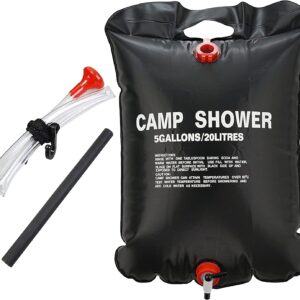 Camping Shower 20L, Portable & Solar Heated Travel Shower Bag with 45°c Removable Hose 35.8 x 24.2 x 4 cm, 400 grams -Black