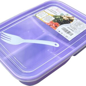 3 Compartments Lunch Box (1400ml) - Bento Box, Snack Pots, Plastic Food Storage Airtight, Microwavable Containers with Lids, Spoon (Purple)