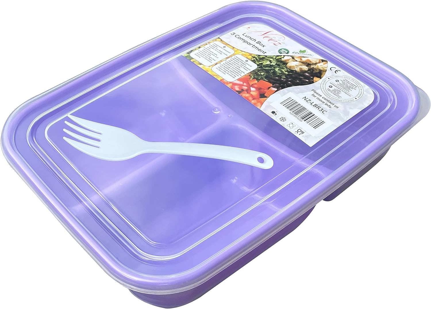 3 Compartments Lunch Box (1400ml) - Bento Box, Snack Pots, Plastic Food Storage Airtight, Microwavable Containers with Lids, Spoon (Purple)