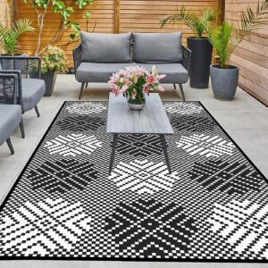 Outdoor Rug Waterproof Lightweight Foldable Plastic Reversible Mat (150x100cm - Black & White)